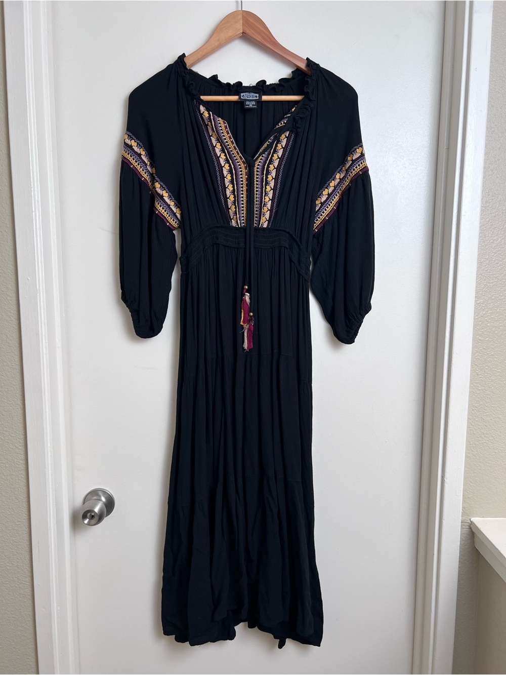 Angie Black Embroidered Boho Peasant Maxi Dress Tassel Tie Rayon Medium - Picture 1 of 8